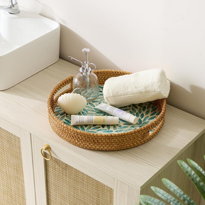 YANGQIHOME Round Rattan Tray with Handle, Mother of Pearl Inlay Decorative Wicker Basket for Coffee, Bread, Fruits, Serving Tray for Home Decor, Blue Flower