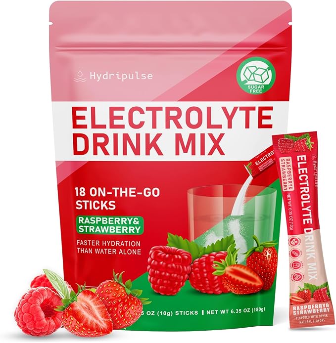 Electrolytes Powder Packets - Sugar Free, Naturally Flavored, 10 Electrolyte & Vitamins Electrolyte Drink Mix - Raspberry & Strawberry Flavors, Keto Friendly, Vegan, Non- GMO, 18 Packets