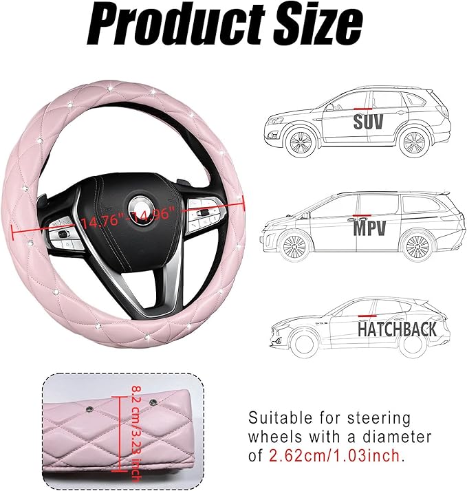 Diamond Leather Steering Wheel Cover Women, Girly Bling Steering Wheel Cover, Sparkly Non-Slip Soft, 15 Inch Interior Accessories for Women Girls Vehicle, Pink