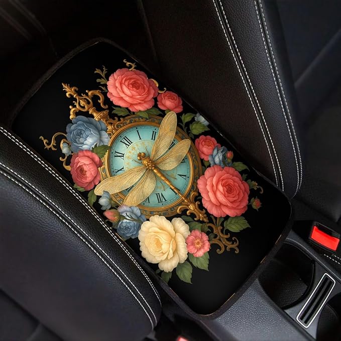 Vintage Floral Dragonfly Clock Print Center Console Cover,Auto Armrest Cover Universal Fit