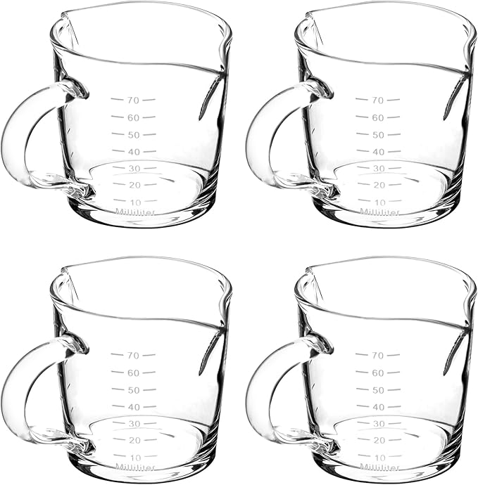 QWORK Espresso Shot Glass with Handle, 4 Pack 3-Ounce Double Spout Glass Measuring Cup Triple Pitcher Milk Cup with Two Scales (OZ&ML)