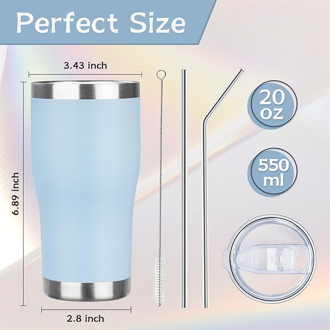 MEZMUT 1 Pack 20oz Insulated Coffee Tumbler with Lid and Straw Double Wall Vacuum Insulated Cup Stainless Steel Travel Mugs Leakproof Powder Coated Tumbler for Indoor Outdoor(Sky Blue)