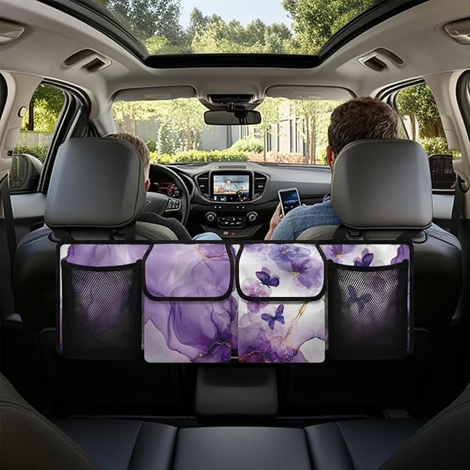 Car Trunk Organizer, Purple Butterfly Car Accessories Marble Car Organizer for SUV/Truck/MPV, Hanging Car Storage Organizer with 4 Pocekts, Frees Trunk Floor, Sturdy Space Saving Expert