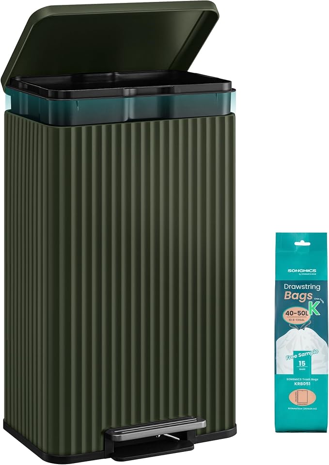 SONGMICS Trash Can, 13 Gallon (50 L) Garbage Can for Kitchen, with Lid, Pedal, and Removable Inner Bucket, Soft Close, Stainless Steel, 15 Trash Bags (Code K) Included, Green ULTB586CZ01