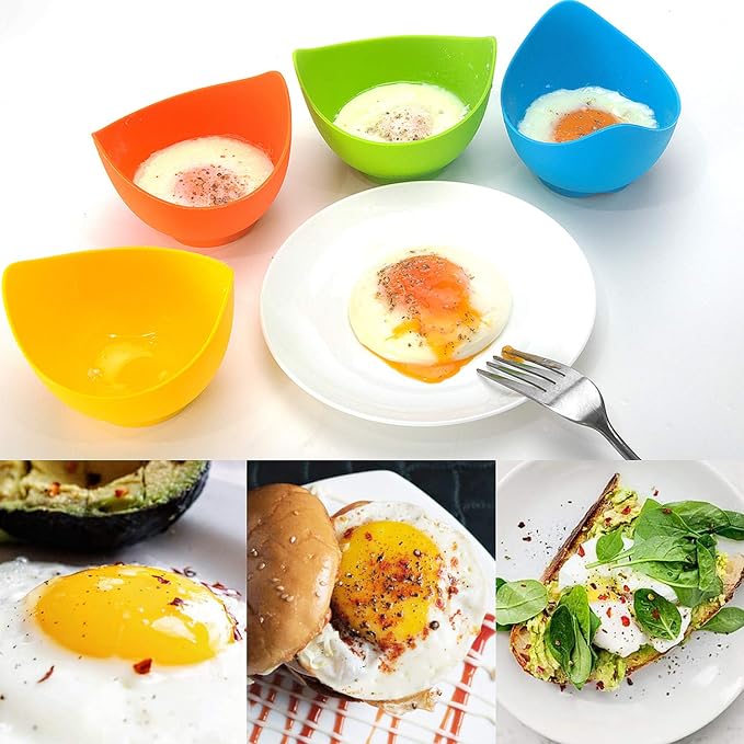 Egg Poacher - KRGMNHR Poached Egg Cooker with Ring Standers, Silicone Egg Poacher Cup for Microwave & Stovetop Egg Poaching, Oil Brush, BPA Free, 4 Pack