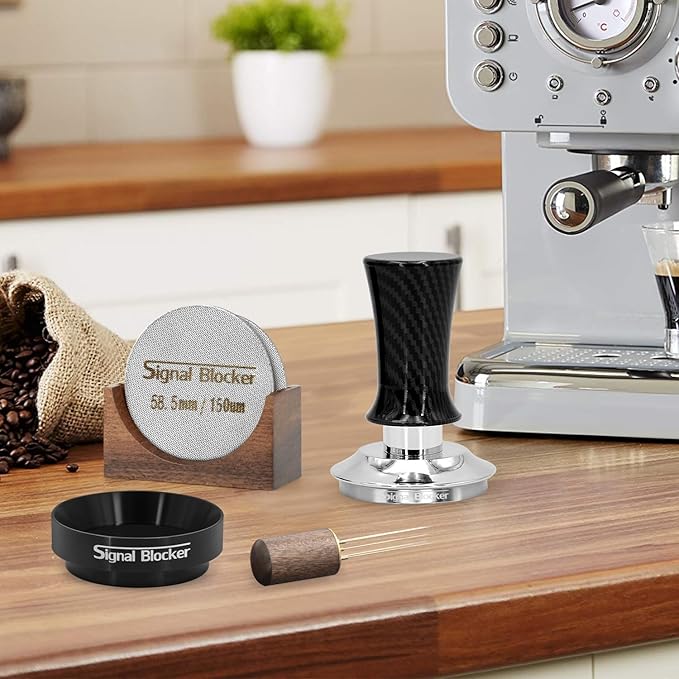 58mm Espresso Coffee Tamper for Espresso Machine: Calibrated Spring Loaded & Stainless Steel Ripple Base - Carbon Fiber Handle with Constant 30lb Fits All 58mm Portafilters | Bundle Including WDT Tool