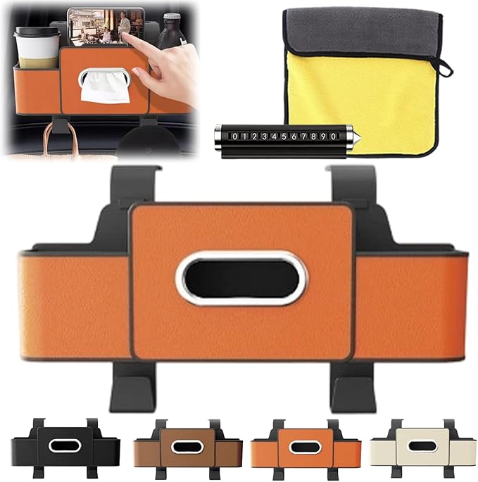 3-in-1 Car Backseat Organizer, Car Organizers and Storage Box with 2 Cup Holders & 4 Hooks, Multifunctional Car Seat Back Storage Box with Tissue Box, for Phone, Snacks, Drinks, Handbag (Orange, 1PC)