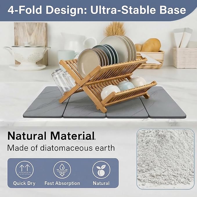 Stone Drying Mat for Kitchen Counter,24"×16" Diatomaceous Earth Dish Drying Mat, Absorbent Drying Stone Mat for Modern Kitchen Countertop (Light Gray, Large)