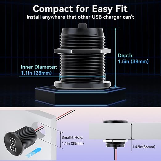 2PCS 72W RV USB Outlet All-Aluminum 12V/24V 3 Charging Ports, GIBBAB 36W PD3.0 Type-C+2 18W QC3.0 Fast Charging Socket, Recessed Mount Car Charger Cigarette Lighter Replacement for Camper Trailer Boat