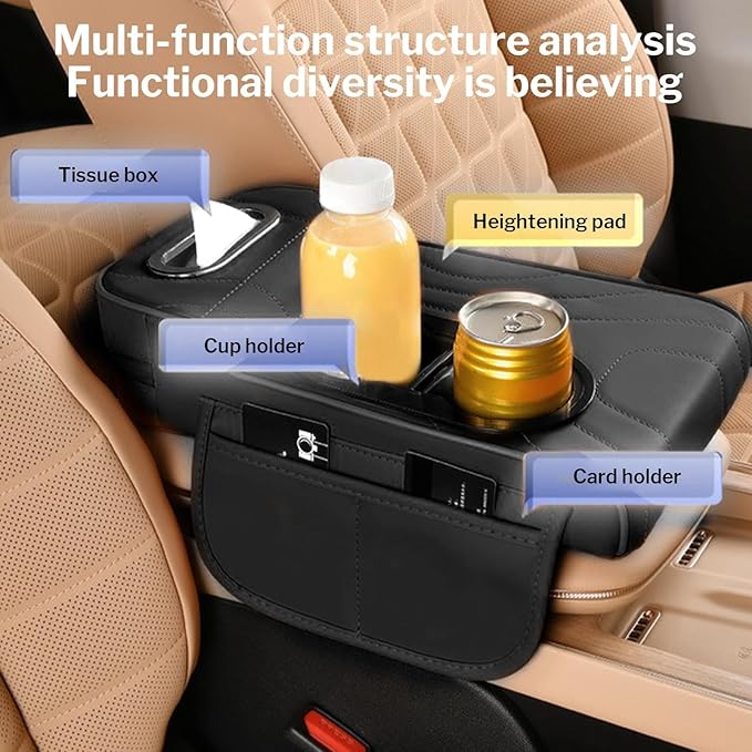 LAFANDE Car Armrest Cushion | Heightening Pad Arm Rest for Car, Center Console Cover with Storage Bags Cup Holder, Tissue Box Slot, Easy to Install and Clean