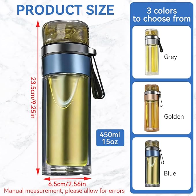 Glass Tea Infuser Bottle, Double Wall Portable Tumbler Mug Travel Tumbler Mug Men Tea Infuser Water Bottle (Blue)