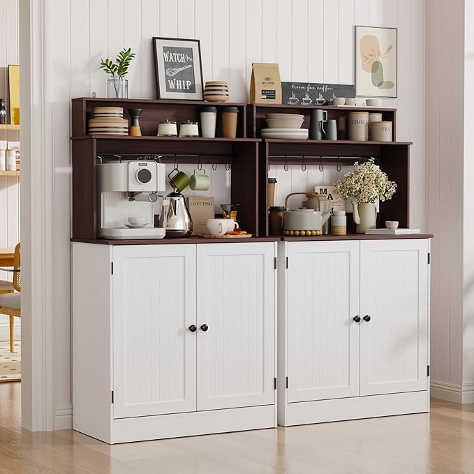 MHOM Farmhouse Bar Cabinet with Storage, Coffee Station Cabinet with 5 Hooks, Small Coffee Bar for Kitchen & Living Room, Antique White