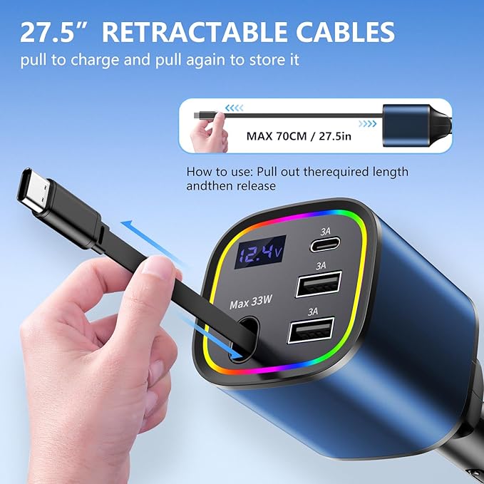 Retractable Car Charger, 4 in 1 Fast Car Charger 78W, with Type C, 2 USB-A Ports and 1 USB-C Port for Fast Charging, Compatible with iPhone 16/15/14/13/12/11, Galaxy, Pixel (Blue)