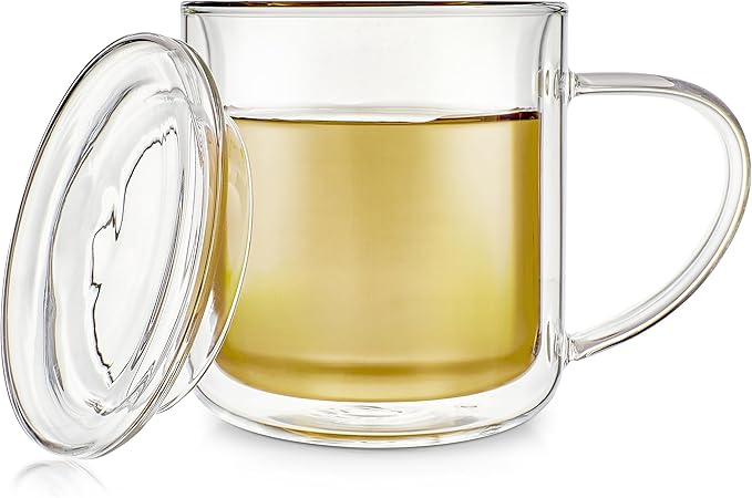 Teabloom Double-Wall Glass Cups with Lids – Set of 2 Insulated 8 oz Borosilicate Glass Mugs, Lead-Free & Plastic-Free, Pure Taste, Temperature-Retention, Dishwasher/Microwave Safe