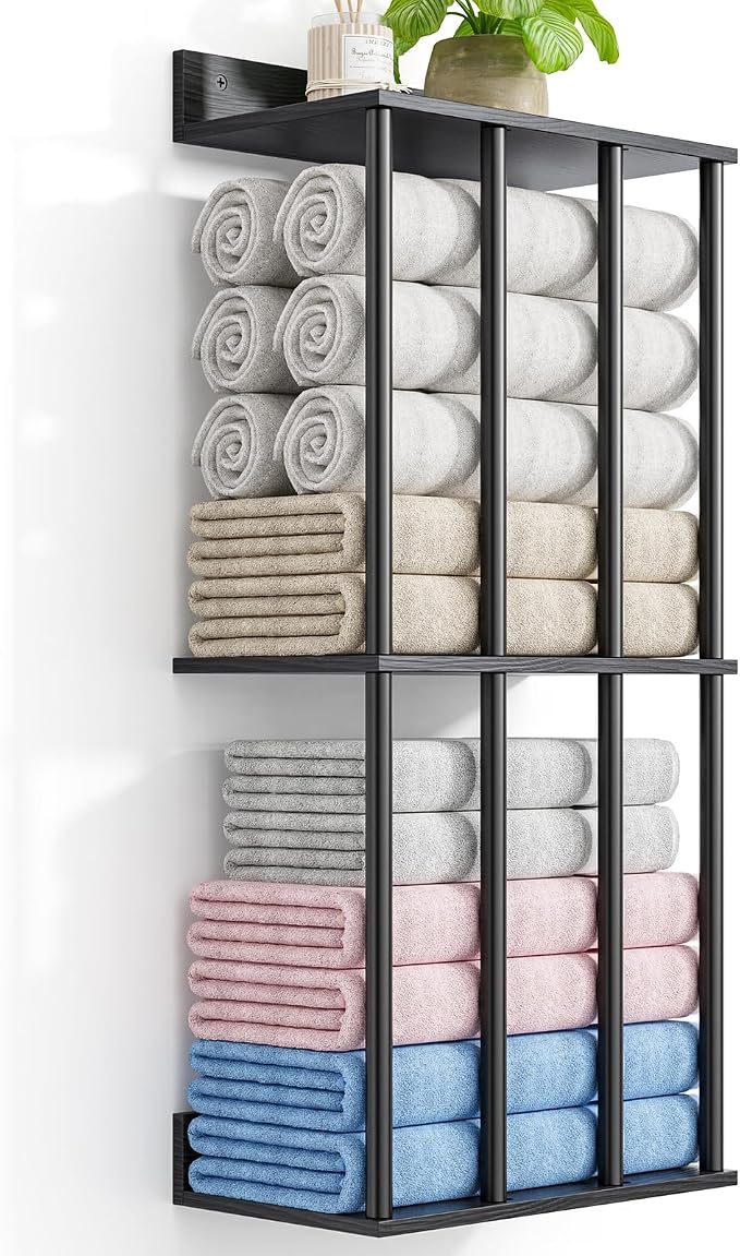 Towel Racks for Bathroom Wall Mounted, Updated 4 Bar Wall Towel Holder | Large Bathroom Towel Storage Rack for Rolled Towels, Modern Metal Towel Organizer Shelf with Wooden Storage Shelf