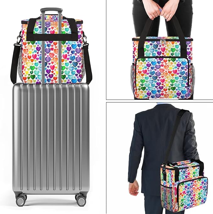 Watercolor Rainbow Hearts Pattern Coffee Maker Carring Bag Travel Storage Tote Bag Compatible with Keurig K-Mini or K-Mini Plus Portable Single Serve Coffee Brewer Case with Pockets for K-cup Pods