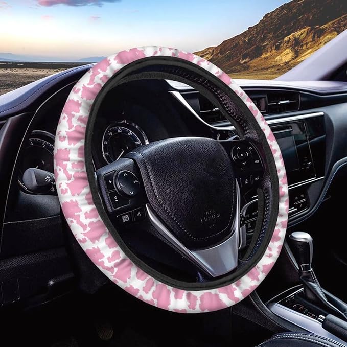 Universal Non-Slip Steering Wheel Cover, 15-inch Polyester Material Driving Accessories, Adjustable for Car and Truck(Pink Spots)