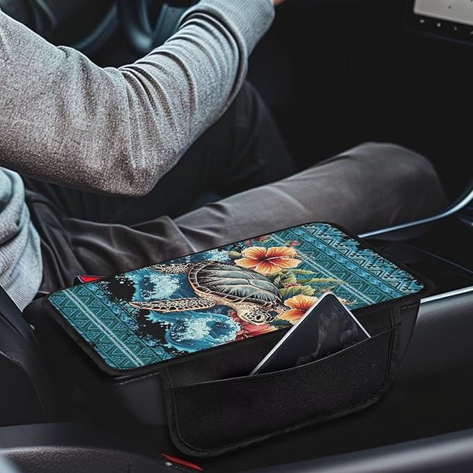 Boatee Turtle Flower Car Armrest Cushion Center Console Cover with 2 Pockets Console Mat Arm Rest Cover for Car Middle Console Organizer Universal Arm Rest Pad Stylish Interior Decor Blue