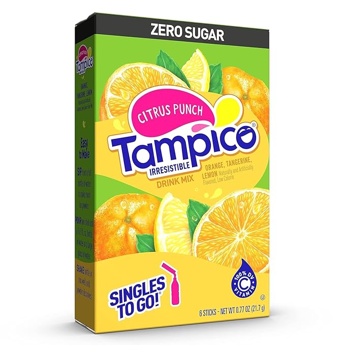 SINGLES TO GO! Tampico Drink Mix Packets, Citrus Punch, Zero Sugar, Low Calorie, 100% DV of Vitamin C per Serving, Convenient, On-The-Go Water Enhancers, 6 Count (Pack of 3)