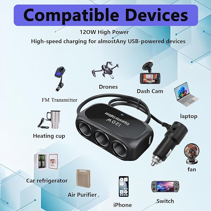 120W 3 Socket Car Cigarette Lighter Adapter,3 Socket Splitter with 2 USB Ports,12V/24V Universal Multi-Port Car Charger with 6-Layer Safety & LED Indicator for Dash Cam GPS Phone Truck SUV