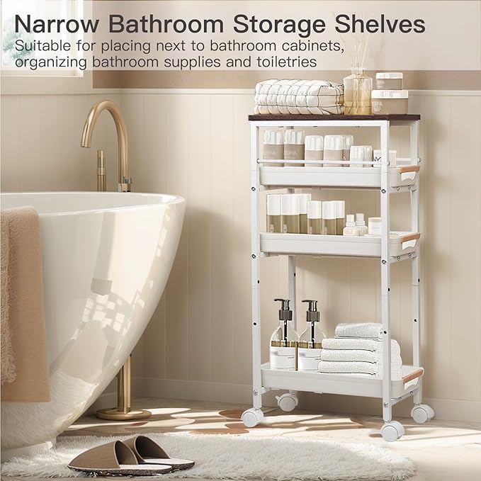 5 Tier Slim Rolling Storage Cart with Wood Top, Narrow Laundry Room Organizer for Tight Gaps, Metal Bathroom Gap Filler, Kitchen Pantry Trolley, Small Spaces (White)