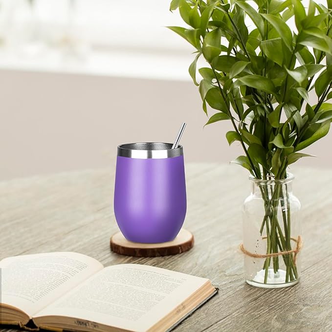 MEZMUT 12 Oz Insulated Wine Tumbler with Lid Double Wall Vacuum Stainless Steel Wine Glass Coffee Mug Insulated Tumbler Cup for Champaign, Cocktail, Beer (Purple, 4 Pack)