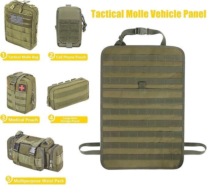 Tactical Car Seat Back Organizer Hanger Bag with 5 Detachable Molle Pouch Vehicle Molle Panel Organizer Storage Bag Universal for for most car models (Military Green)