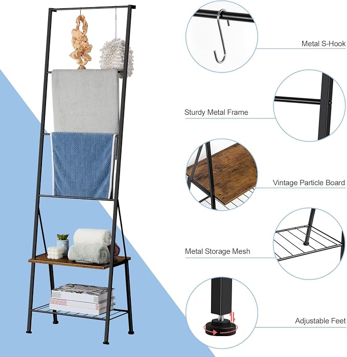 BTY Blanket Ladder Black Towel Ladder with Shelf Metal Blanket Ladder Holder for Bathroom Standing Ladder Towel Rack with Hooks Stocking Holders for Living Room Bedroom Laundry Room