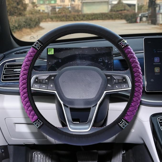 Bling Soft Leather Steering Wheel Cover, 15" Anti-Slip Sparkly Crystal Auto Elastic Steering Wheel Protector for Women Girl, Colorful Diamond Car Interior Accessory for Most Cars (Purple)