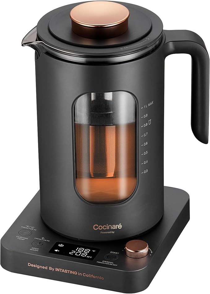 Electric Tea Kettle, Electric Kettle with Tea Infuser, ±1℉ Knob Temperature Control, BPA-Free Glass, 1200W Fast Heating, Easy to Clean, 1 Liter (Dark Gray)