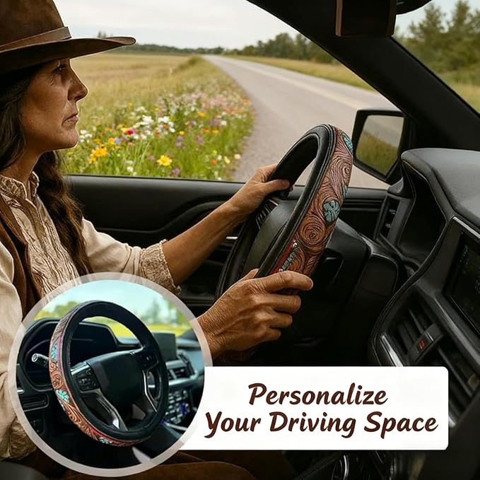 Retro Western Cowboy Car Universal Steering Wheel Cover – Western Steering Wheel Cover for Men & Women - 15 Inch Embossed Leather Anti-Slip Grip–Universal Fit for Truck, SUV, Car (C)