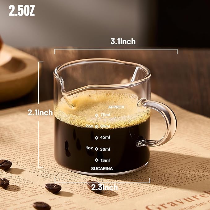 Espresso Cups Set of 2 with Handle, 2.5 OZ Double Spout Espresso Shot Cups Glass Measuring Cup with Dual Scale, Espresso Shot Glass with V-Shaped Mouth, Espresso Accessories