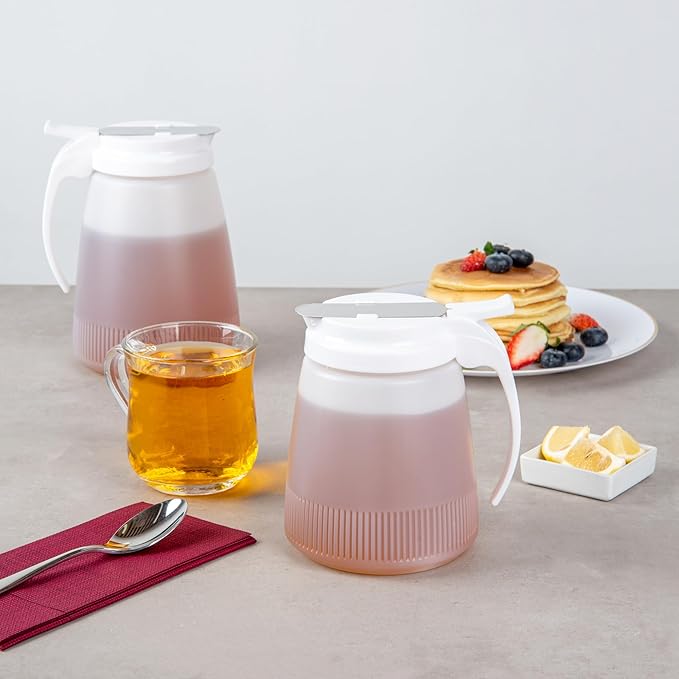 Restaurantware-Chef 101 32 Ounce All Purpose Syrup Dispensers, 10 Honey Dispensers - White Top, Stainless Steel Slide Cover, Plastic Pancake Syrup Bottle, Perfect For Diners, Restaurants, Home