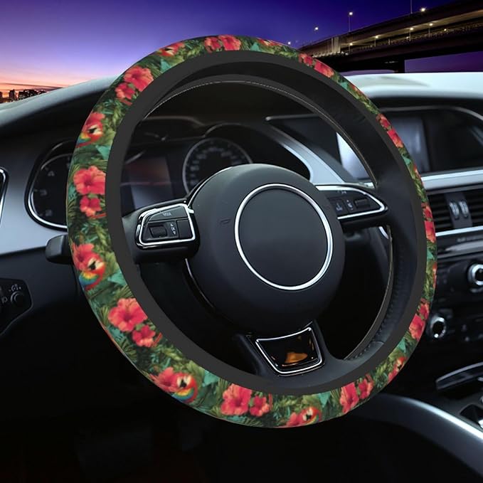 Tropical Floral Steering Wheel Cover Elastic Non-Slip Car Steering Wheel Covers with Seat Belt Shoulder Pad for Women Men