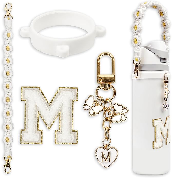 Compatible with Owala Water Bottle Accessories, Cute Letter Charm Set with Boho Handle Strap, Monogram Sticker, Silicone Ring, Keychain Decoration, for FreeSip 24 32 40oz, Owala Kids, Tumbler Gift