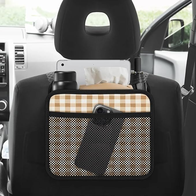 Gingham Light Brown Car Backseat Organizer PU Leather Truck Back Seat Trash Bag Universal Hanging Storage Box Travel Accessories Foldable