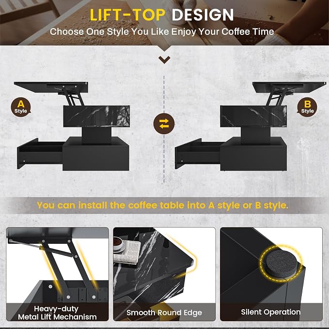 SEDETA 47.2" Lift Top Coffee Table, Coffee Tables with Storage for Living Room, 2 Drawers Coffee Table with Power Outlet & LED Light for Dining Reception Room, High Gloss Black Marble