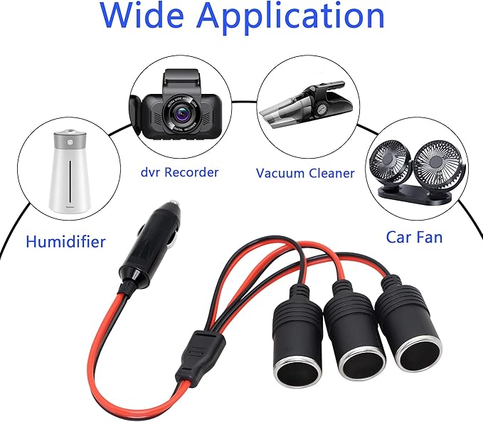 CERRXIAN 1 to 3 Car Cigarette Lighter 12v 24v Power Charger Adapter 3 Way Socket Splitter Female Socket Plug Extension Cord Cable