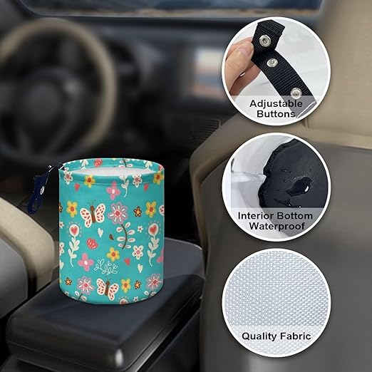 Cartoon Daisy Butterfly Car Rubbish Bag Can Reusable Hanging Auto Garbage Organization Can Bin with Adjustable Strap for Camping，Travel Accessories
