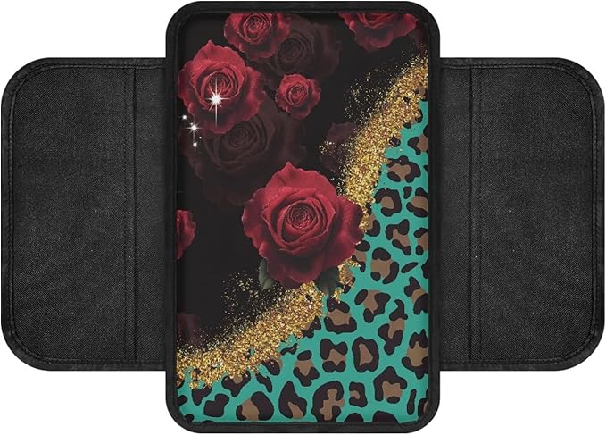 CLOHOMIN Red Rose Car Center Console Cover Green Leopard Print Armrest Box Cover Center Console Pad Fit for Most Vehicles Auto Accessories Anti-Scratch Arm Rest Covers