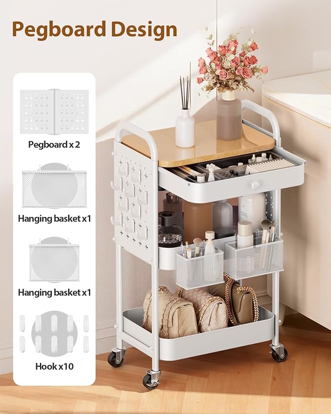ALVOROG Rolling Cart with Drawer and Wood Table Top, 3 Tier Metal Rolling Utility Cart on Wheels with DIY Pegboards, Hanging Baskets, Hooks for Kitchen, Bedroom, Office, Craft Supplies