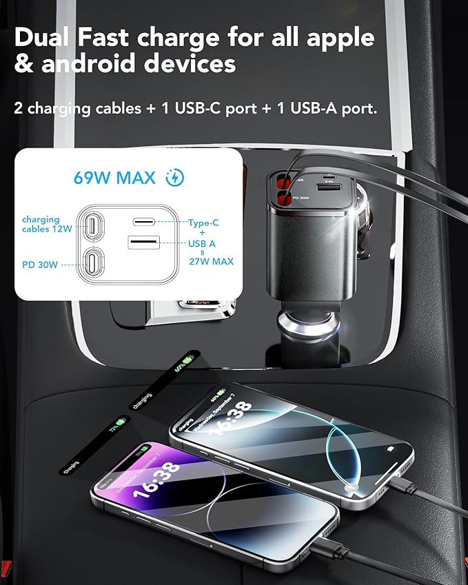 Retractable Car Charger Adapter for iPhone 17,4 in 1 Fast Charging Car Phone Charger,69W USB C Car Truck Accessories,Road Trip Essentials Gift for Men Women for iPhone 17 Pro Max/16/15/14,Galaxy S26
