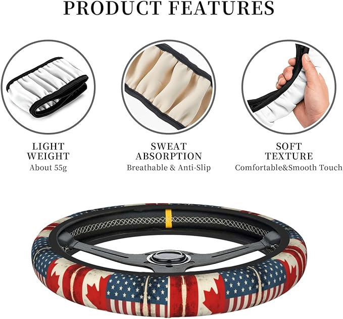 Neoprene Steering Wheel Cover Vintage Canadian America Flag Car Steering Wheel Cover Universal Fit for Most Cars