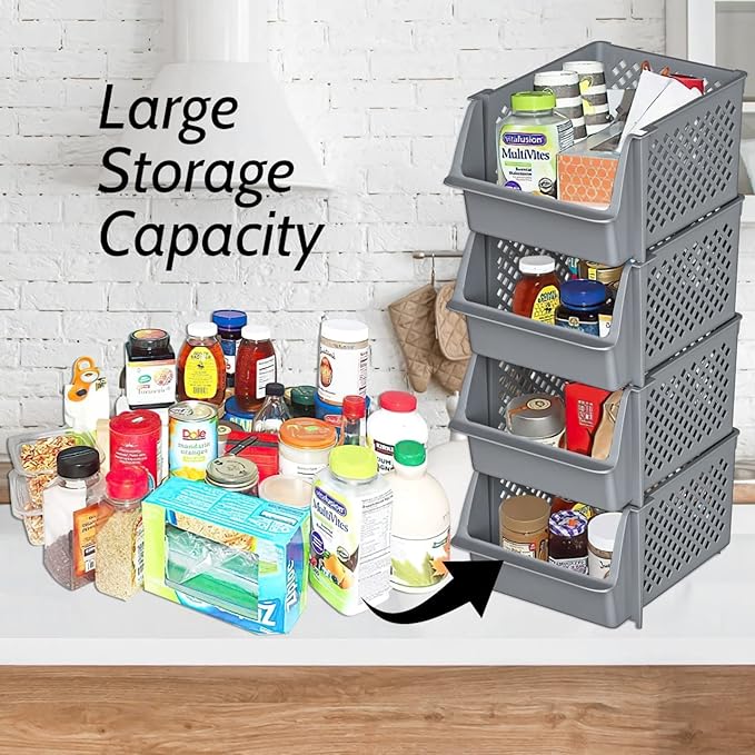Skywin Stackable Storage Bins Open Front for Pantry Storage, 4 Pack - Grey | Sturdy Plastic, Easy Stacking, Open Front Access, Ventilated Sides, Vertical & Space Saving Pantry Organizers and Storage Bin