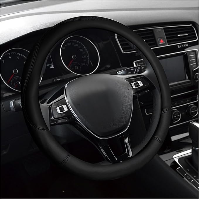 Color Blocking Car Steering Wheel Cover,Leather Steering Wheel Cover Women/Men Car Decorations,Universal Anti-Slip Steering Wheel Accessories Fit for 14.5-15" Steering Wheel (Black)