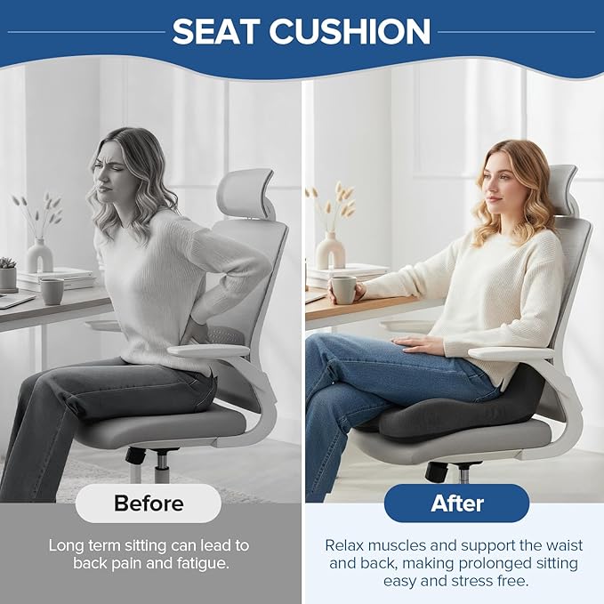 Urban Deco Memory Foam Seat Cushion, Office Chair Seat Cushion with L-Shaped Design, Ergonomic Back and Seat Pad Cushion for Car, Driving, Office, Black