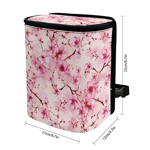 KEIAHUAN Pink Cherry Blossom Car Trash Can Bin for Back Seat with Lid Cute Trash Bag Hanging Removable Storage Bag Large Capacity Car Interior Accessories