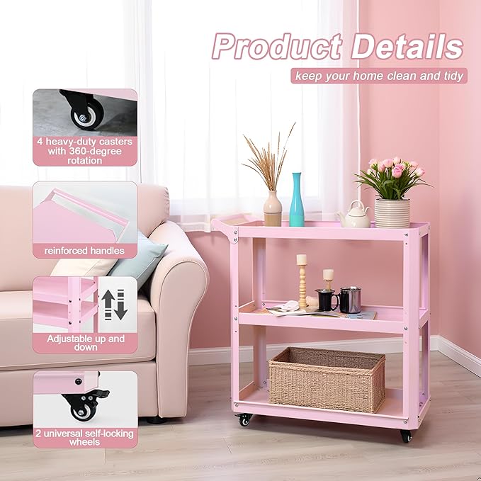 3 Tier Metal Utility Rolling Cart with Wheels, Heavy Duty Storage Organizer Trolley Cart for Kitchen, Bathroom, Office, Bedroom – Multi-Purpose 330Lbs Capacity Utility Cart on Wheels, Pink
