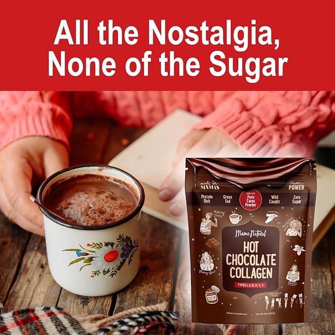 Mama Natural Hot Chocolate Multi Collagen Protein Powder, Made with Organic Cacao, Types 1, 2, 3, 4, 5, 10 Collagen Peptides Powder - Grass Fed Beef, Wild Fish Marine & USA Eggshell - 16 Servings