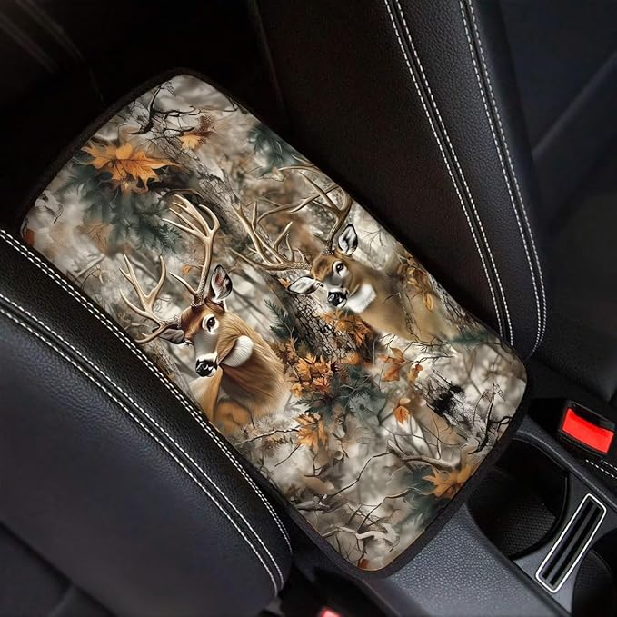 Horeset Deer Hunting Camouflage Auto Armrest Cover Center Console Decor Protector, Universal Fit Non-Slip Car Arm Rest Cushion